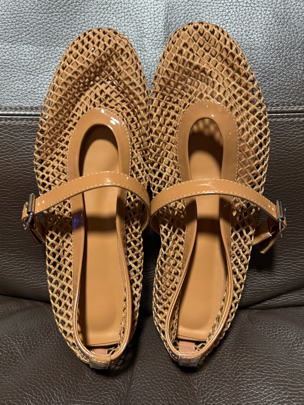 Womens Tan Mesh Mary Jane Flats with Buckle Strap